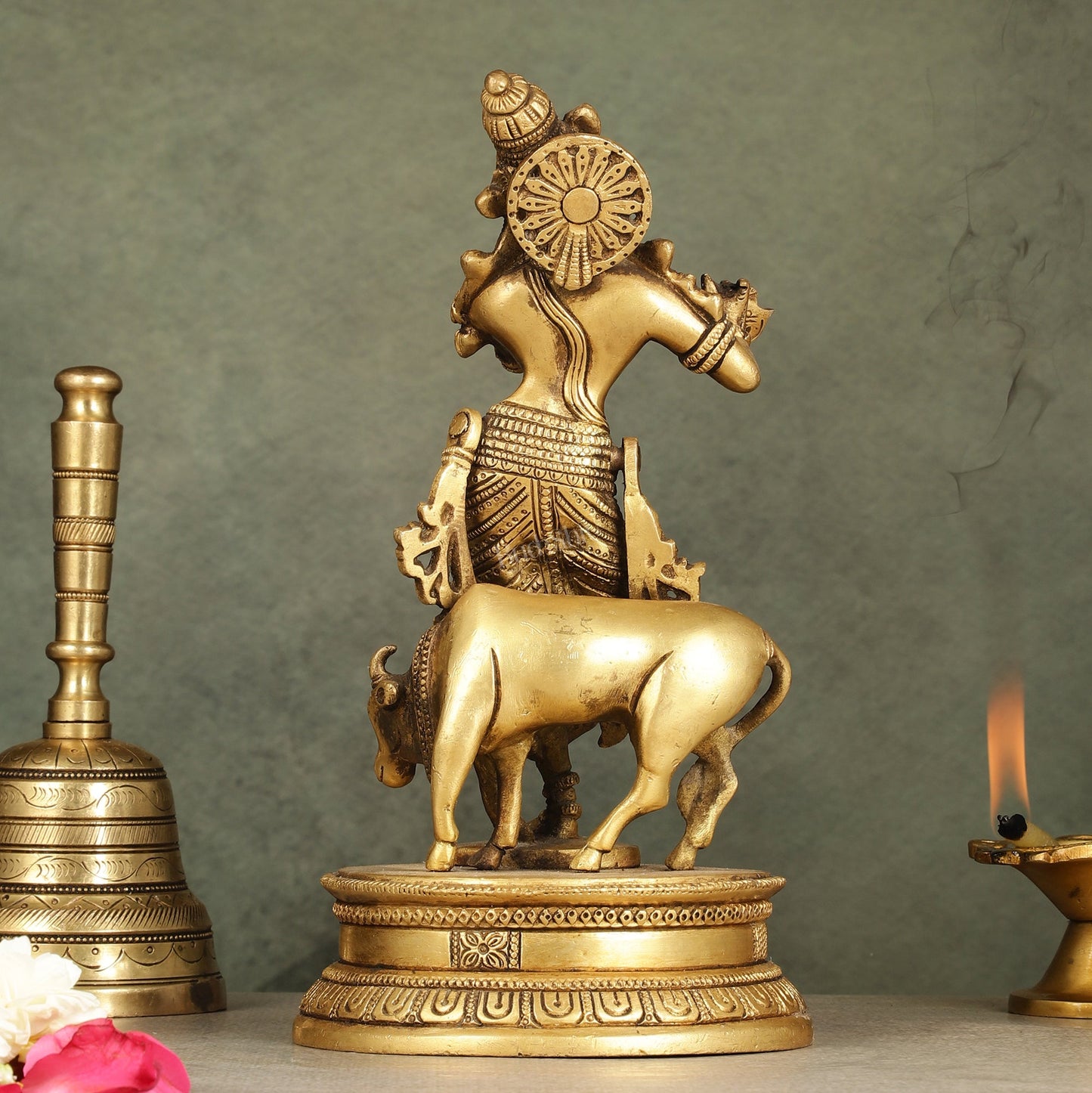 Divine Pure Brass Superfine Lord Krishna with Cow Idol - 10" Height