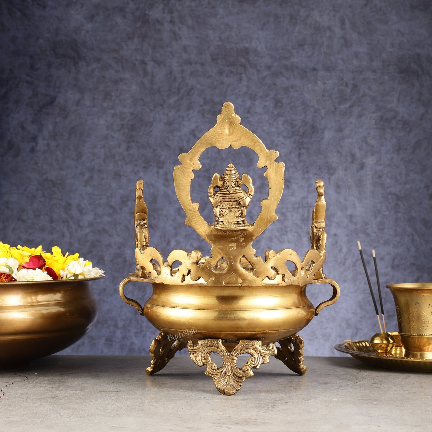 Handcrafted Brass Traditional Ganapati Urli Bowl with Elephants - 12-inch