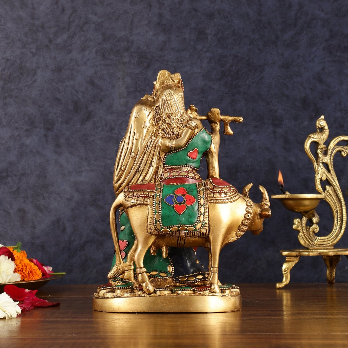 Brass Radha krishna with cow idol with meenakari 10.5"