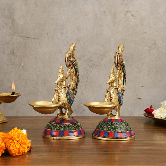 Peacock Brass Oil Lamps | 8 inches Meenakari Stonework 8"