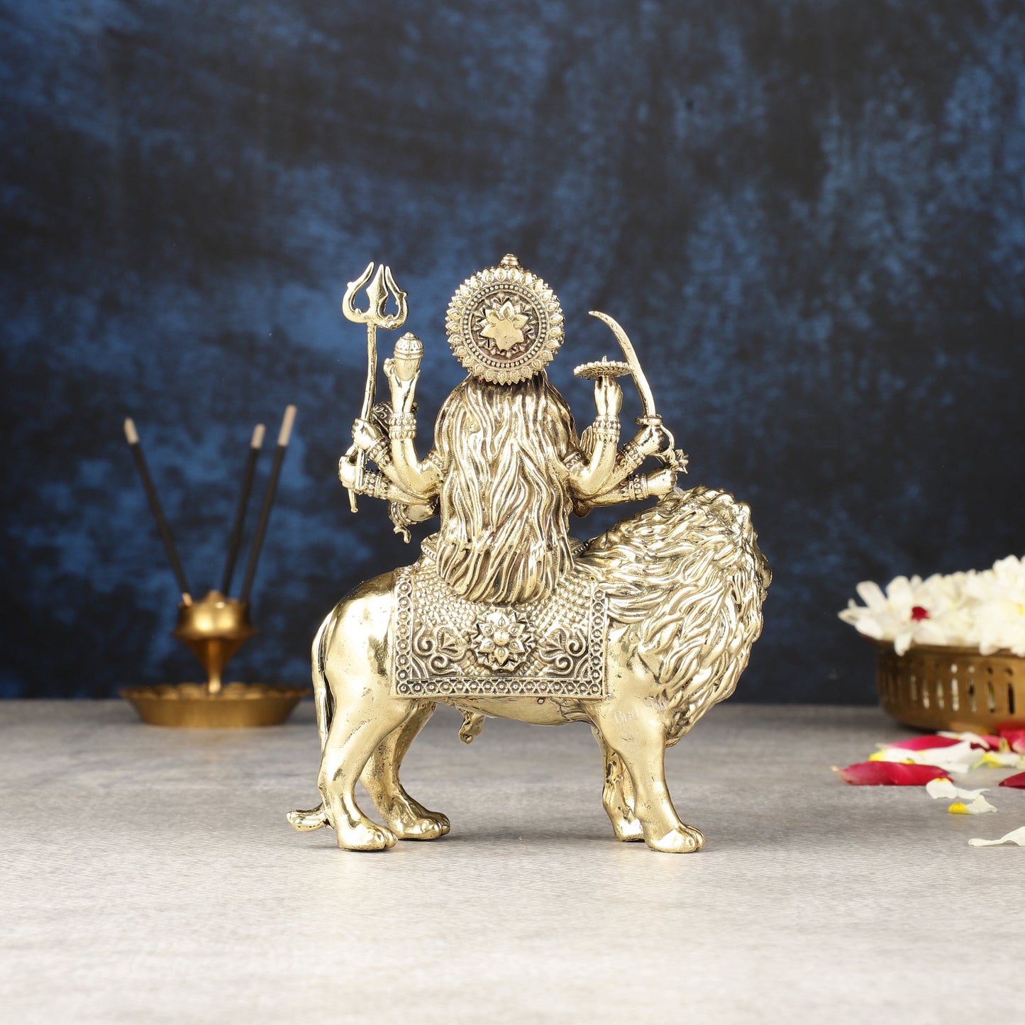 Intricate Lightweight Brass Goddess Durga Idol - 6-inch