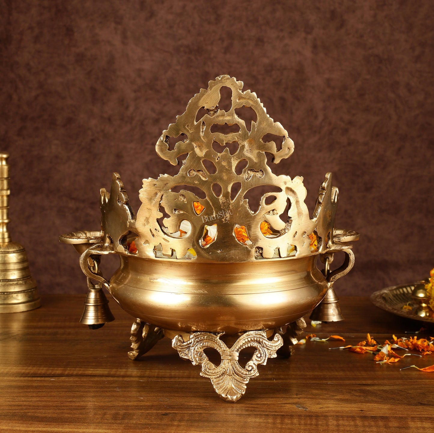 Pure Brass Intricate Urli with Diyas | Height: 11 inch