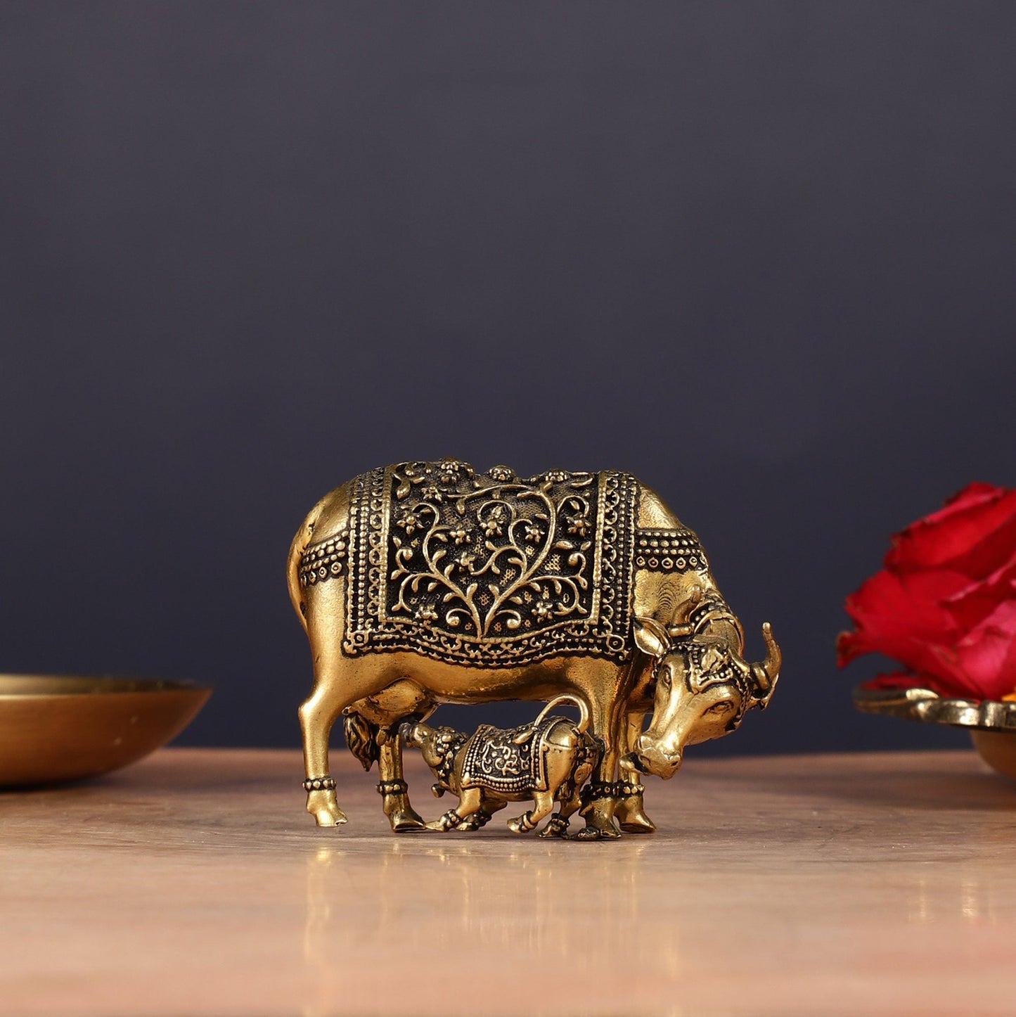 Brass Superfine Miniature Kamdhenu Cow with Calf - 2.5"