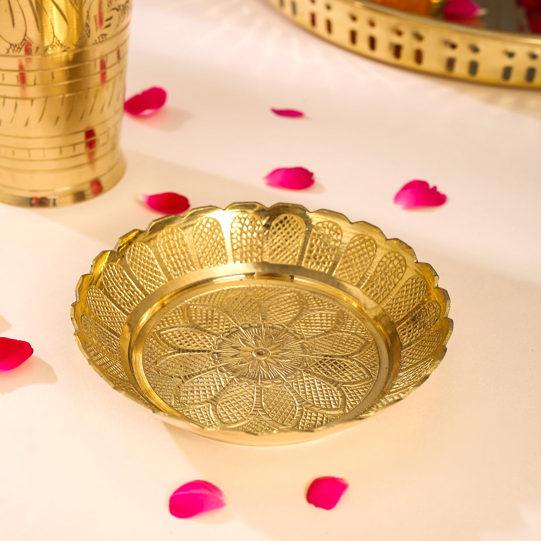 Brass Lassi Glass And Plate Set