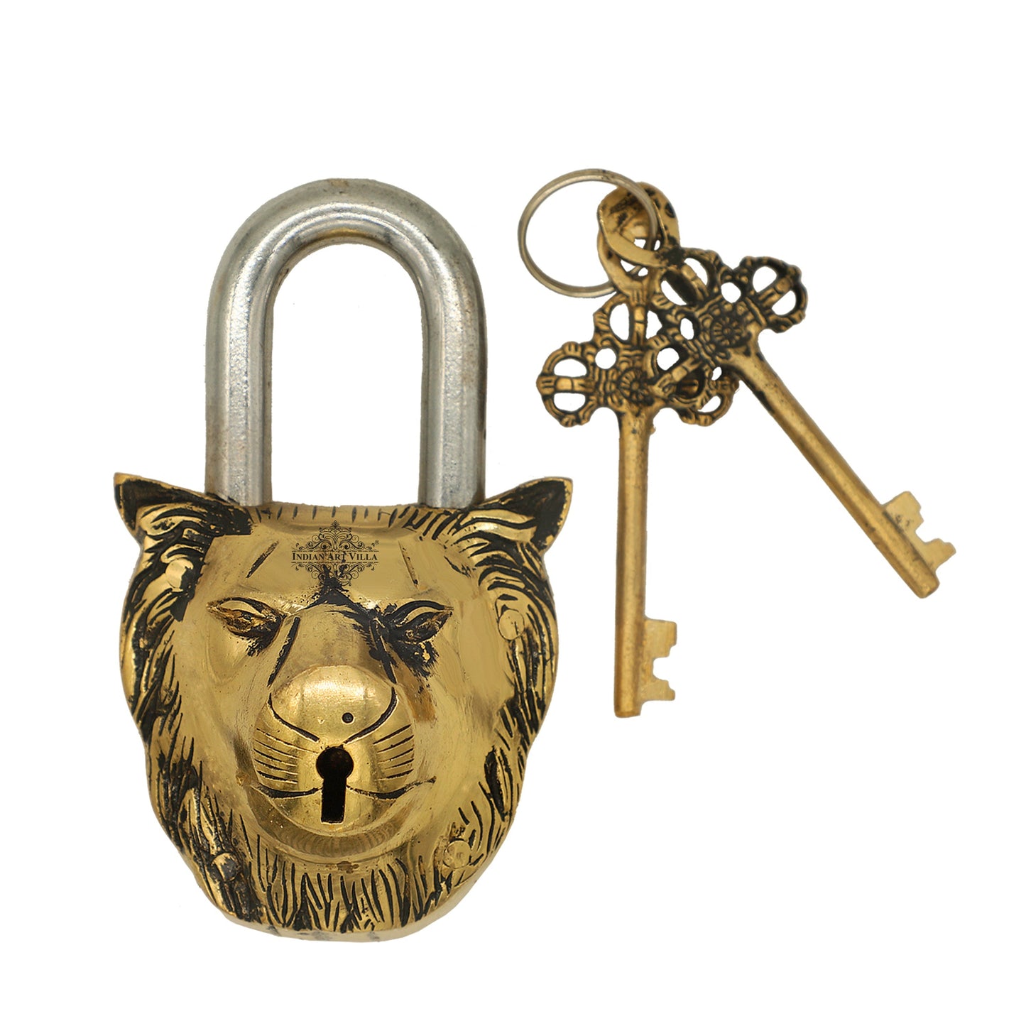Handmade Old Vintage Style Antique Lion Face Shape Brass Security Lock with 2 Keys|Home Temple Office