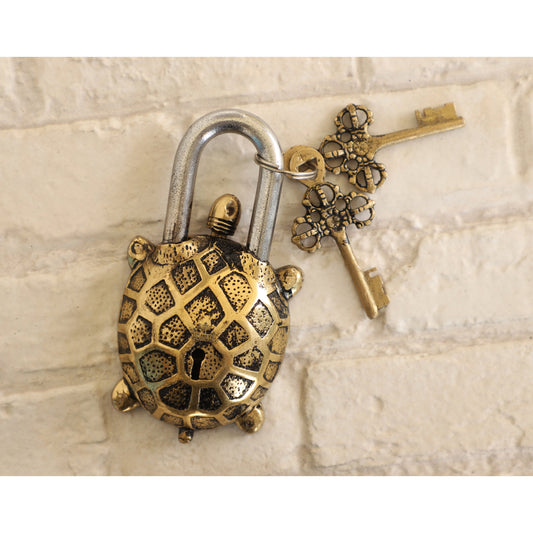 Handmade Old Vintage Style Antique Tortoise Shape Brass Security Lock with 2 Keys|Home Temple Office,Size-1x13.97 cm