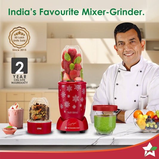 Nutri-blend Snowflakes 500W Mixer Grinder, 22000 RPM, Smoothie Maker-Masala-Chutney Grinder, 3 Unbreakable Jars, Limited Edition, Recipe Book by Chef Sanjeev Kapoor, 2 Yr Warranty, Red