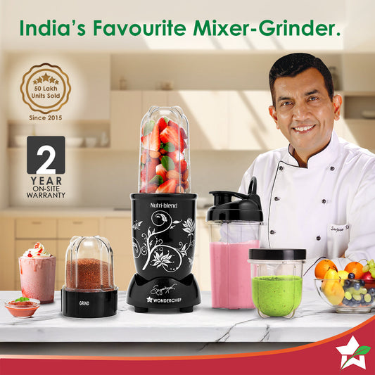 Nutri-blend 500W Mixer Grinder, 22000 RPM Motor, Smoothie Maker, Masala Grinder, Chutney Blender, 3 Unbreakable Jars & Sipper Jar, Recipe Book by Chef Sanjeev Kapoor, 2 Yr Warranty, Black