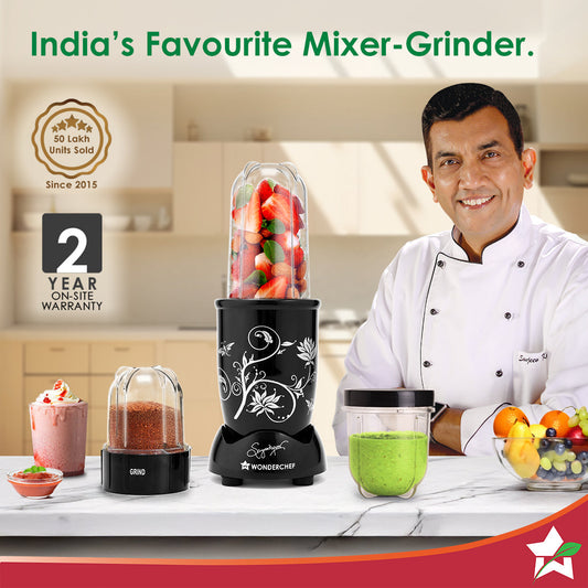 Nutri-blend 500W Mixer Grinder, 22000 RPM Motor, Smoothie Maker, Masala Grinder, Chutney Blender, 3 Unbreakable Jars, Recipe Book by Chef Sanjeev Kapoor, 2 Yr Warranty, Black
