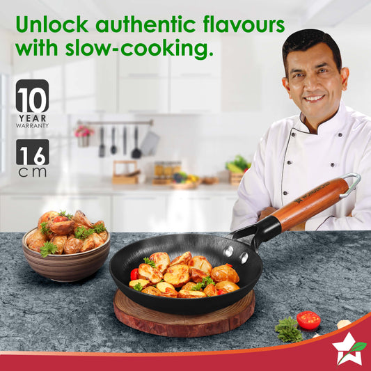 Ferro Light-weight Cast-iron Fry Pan, 16cm, 40% Lighter, Pre-seasoned with 100% Vegetable Oil, Non-toxic, Chemical-free, Induction-friendly, Long Cool-touch Wood Handles, 10-Yr Warranty