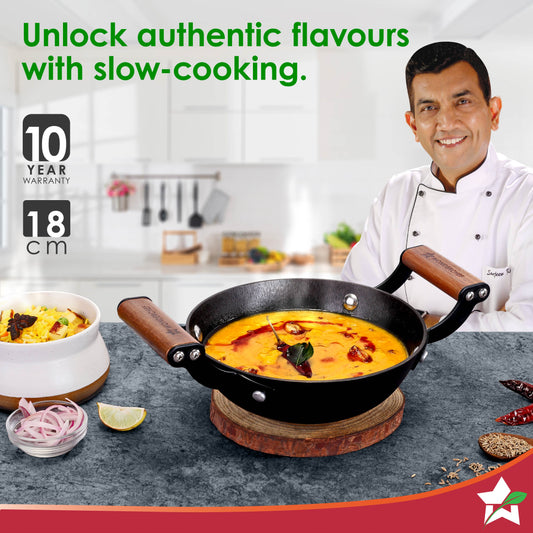 Ferro Light-weight Cast-iron Kadhai, 18cm, 40% Lighter, Pre-seasoned with 100% Vegetable Oil, Non-toxic, Chemical-free, Induction-friendly, Long Cool-touch Wood Handles, 10-Yr Warranty
