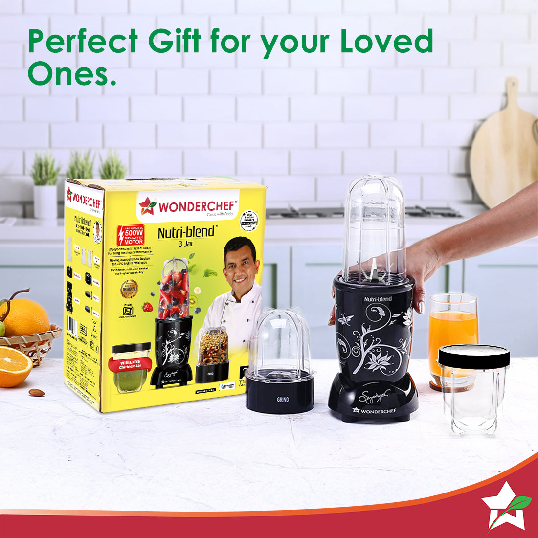 Nutri-blend 500W Mixer Grinder, 22000 RPM Motor, Smoothie Maker, Masala Grinder, Chutney Blender, 3 Unbreakable Jars, Recipe Book by Chef Sanjeev Kapoor, 2 Yr Warranty, Black