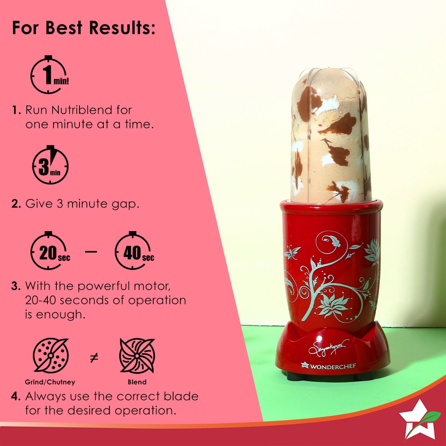 Nutri-blend 500W Mixer Grinder, 22000 RPM Motor, Smoothie Maker, Masala Grinder, Chutney Blender, 4 Unbreakable Jars, Recipe Book by Chef Sanjeev Kapoor, 2 Yr Warranty, Red