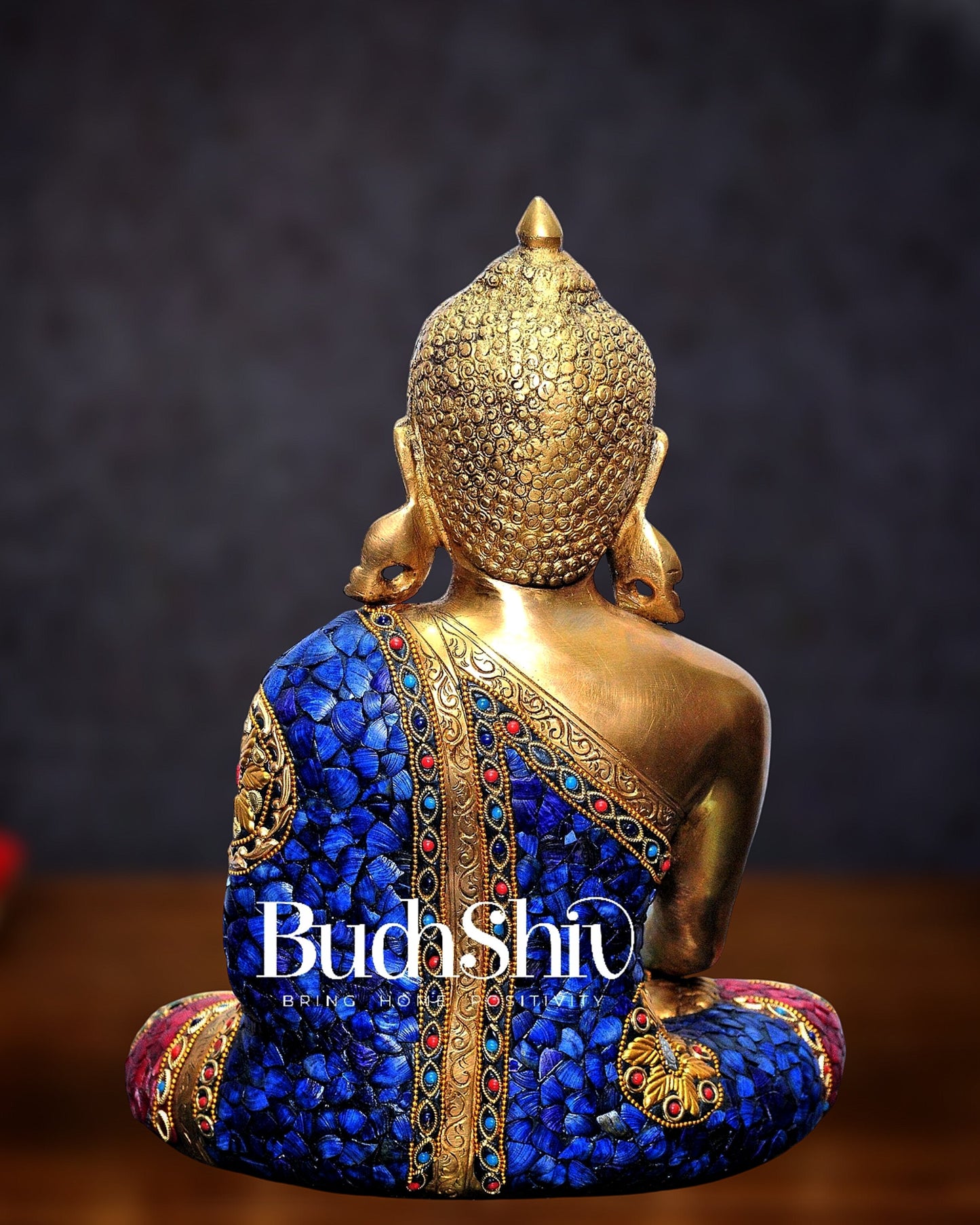 Bhumisparsa Mudra: Buddha Brass Idol with Gemstone Cutwork 12 inch
