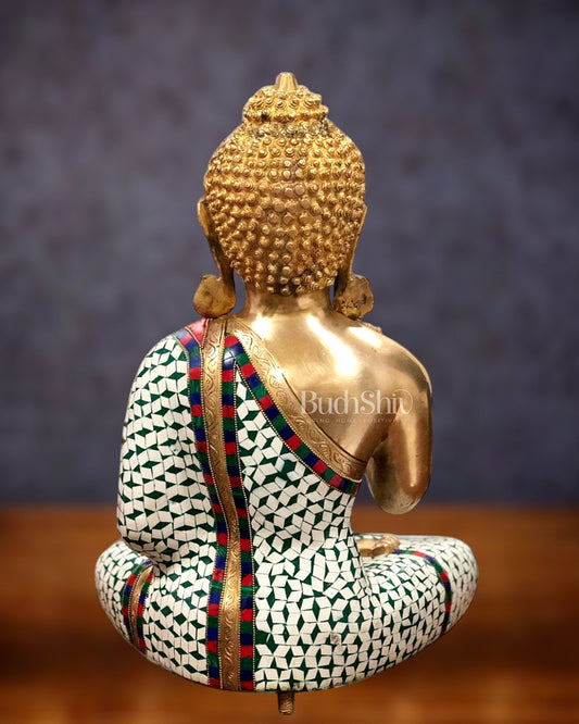 Pure Brass Buddha Statue with White Stonework – 20” x 16” x 10”