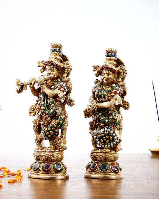 Exquisite Brass Radha Krishna Idol Pair with Stonework 9 inch