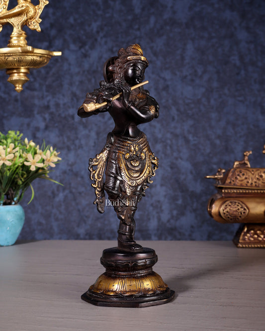 Unique Brass Krishna Statue - Sleek Design 9.5 Inches black and golden tone