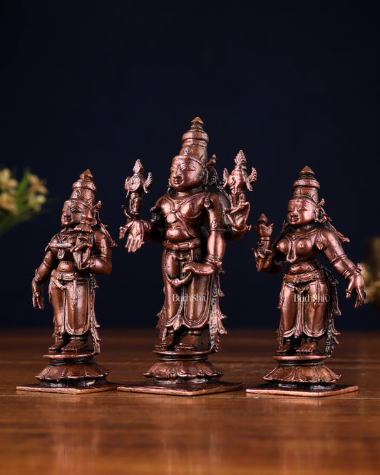 Pure Copper Tirupati Balaji Kalyana Murti Set – Vishnu with Bhudevi & Sridevi 4"