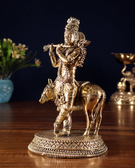 Superfine Brass Krishna with Cow idol - 7"