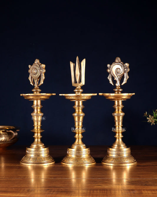 Brass Superfine 12-Inch Shankh, Chakra, Naama Oil Lamp Vilakku Diya