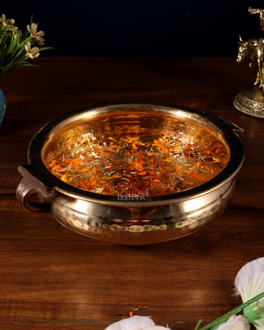 Pure brass handcrafted urli with hammered finish and side handles