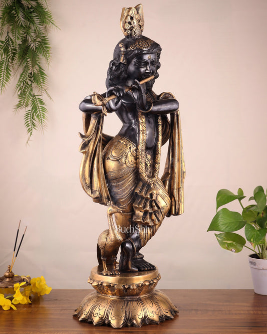 Pure Brass Krishna Statue – 27" Black