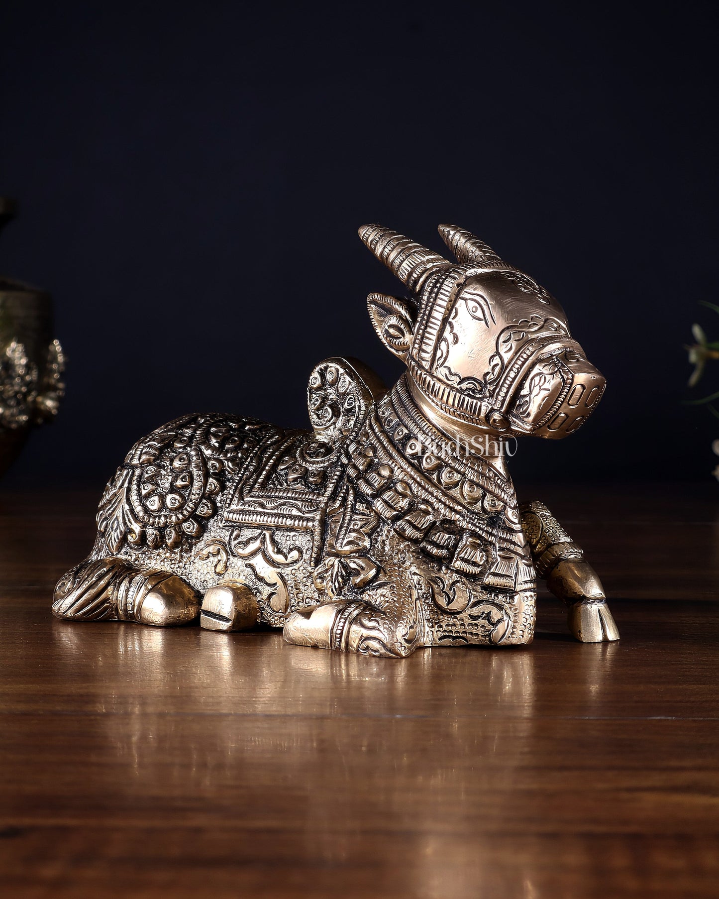 Pure Brass Superfine Nandi Idol – Fully Engraved Sacred Bull of Shiva 7"