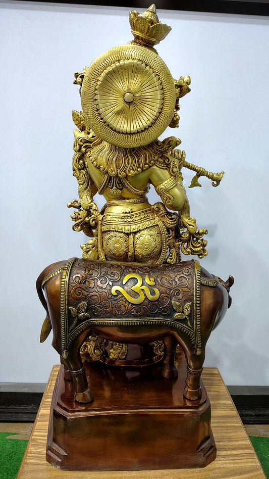 Brass large Krishna with cow statue 28"