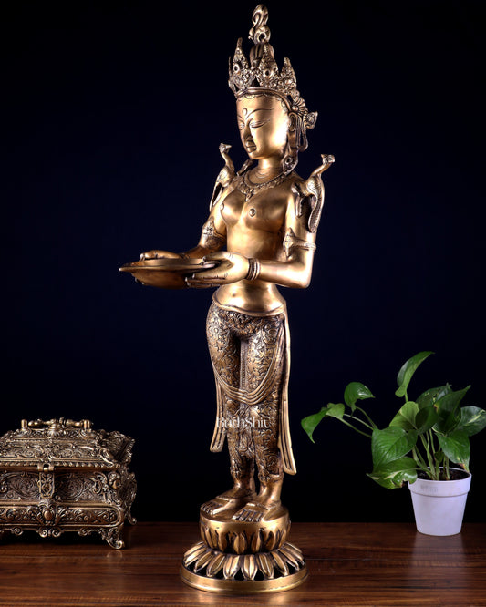 Brass Tibetan Deep Lakshmi Statue – Welcome Lady for Home Entrances | 30.5"