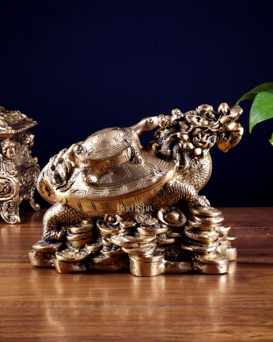 Pure Brass Feng Shui Dragon Tortoise Money Bank 8.5"