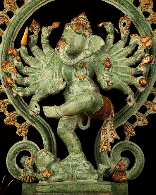 Brass Dancing Ganesha Statue - 25.5" Height, Antique Green Patina Finish