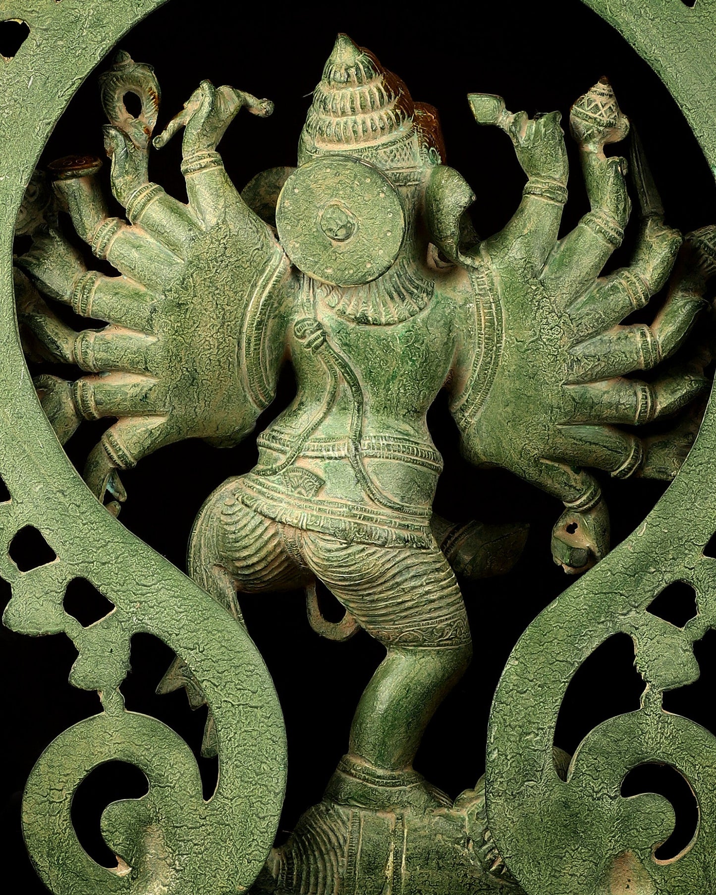 Brass Dancing Ganesha Statue - 25.5" Height, Antique Green Patina Finish