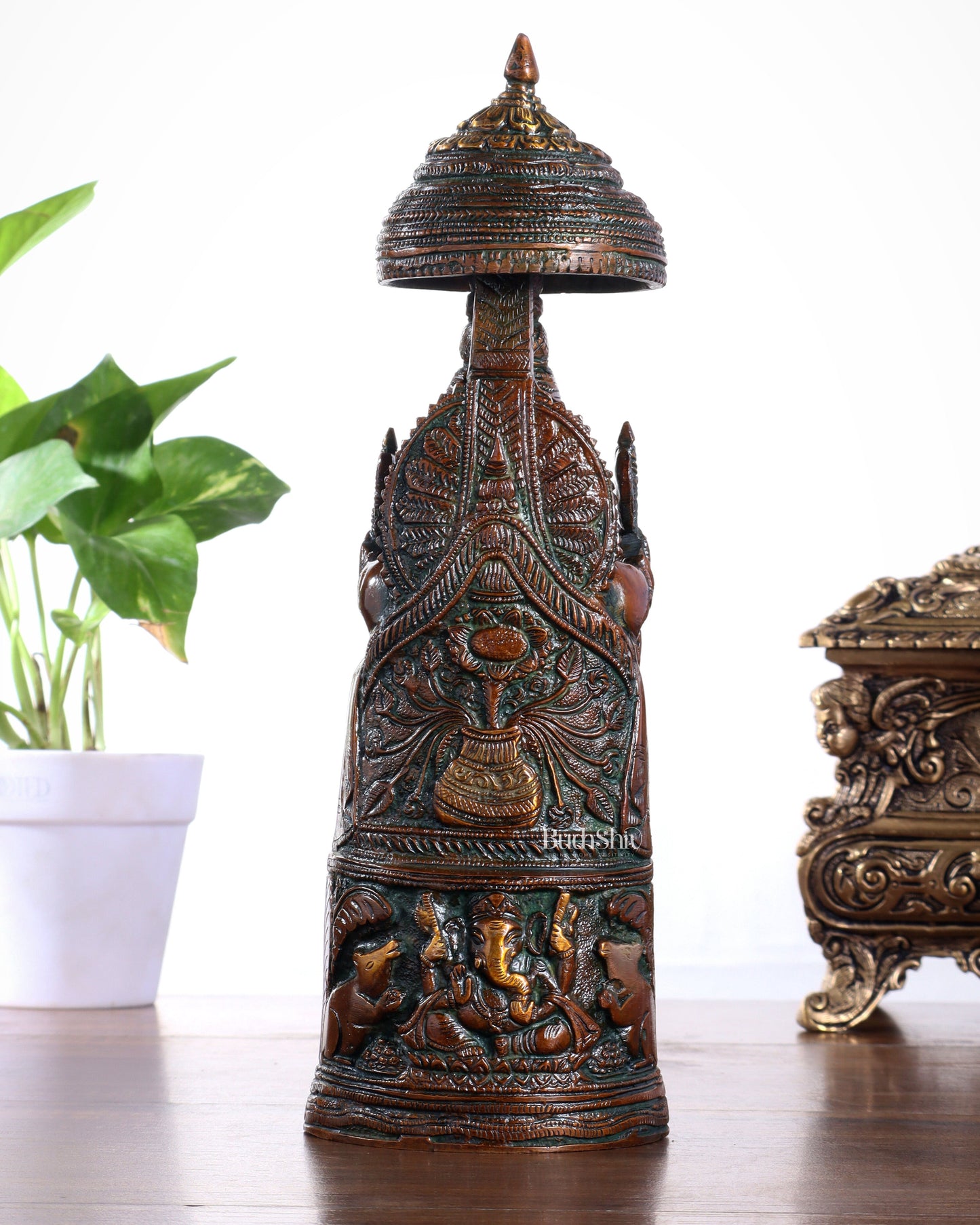 Pure Brass Lord Ganesha Statue with Gajalakshmi Carvings – Copper Tone Finish