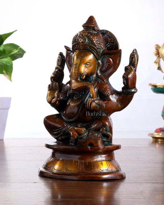Pure Brass Taj Ganesha Statue with Round Base – Vintage Finish 7"