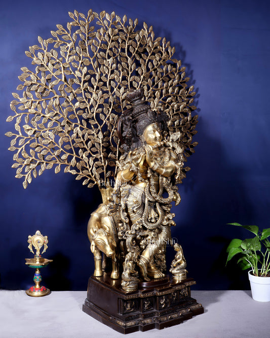 Pure Brass Lord Krishna with Cow and Kalpavriksha Tree – Large Idol 39"