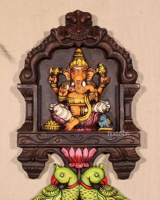 Handcrafted Wooden Ganesha with Twin Parrots Wall Panel – 18 Inches