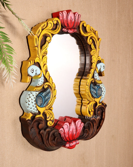 Wooden Twin Peacock Wall Hanging Mirror with Lotus Motifs – Handcrafted (14.5 inches)