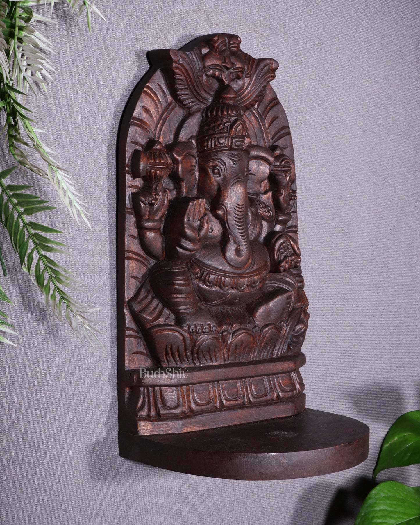 Wooden Lord Ganesha Carved Wall Hanging Shelf – Decorative Display Shelf 12"