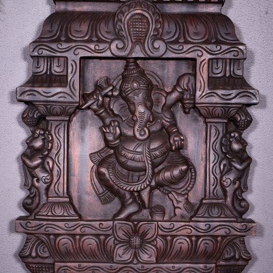 Wooden Dancing Ganesha Wall Hanging Panel – Handcrafted 23.6"