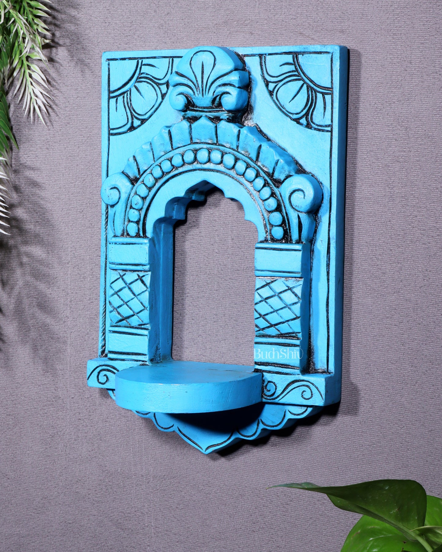 Wooden Wall Hanging Jharokha Arch – Handcrafted Decorative Shelf (Blue)