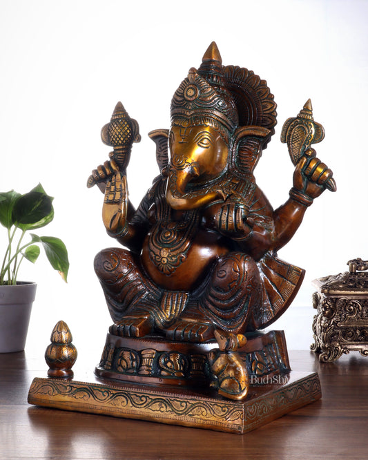 Brass Ganesha Statue with Ashtavinayak Carvings – 15 Inch chola tone