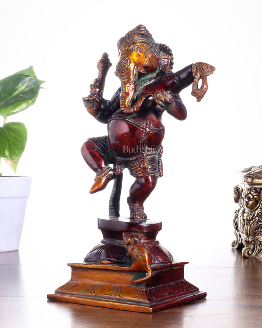 Pure Brass Dancing Ganesha with Stone Inlay – Shiny Chola Tone Finish 9"