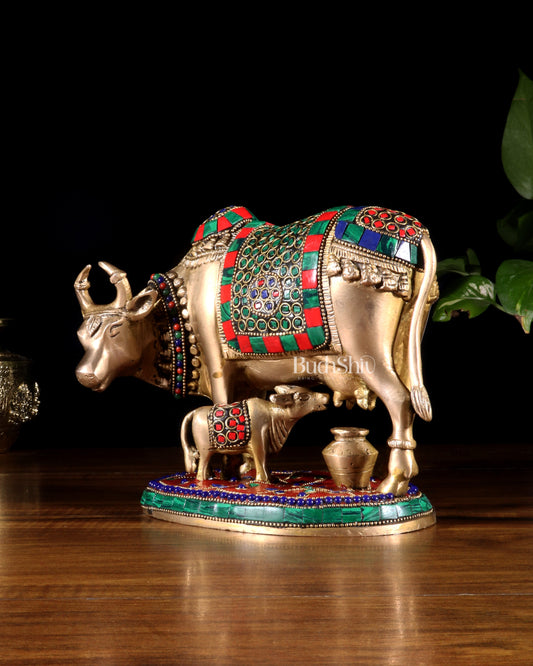 Handcrafted Brass Cow and Calf Statue with stonework 8.5"