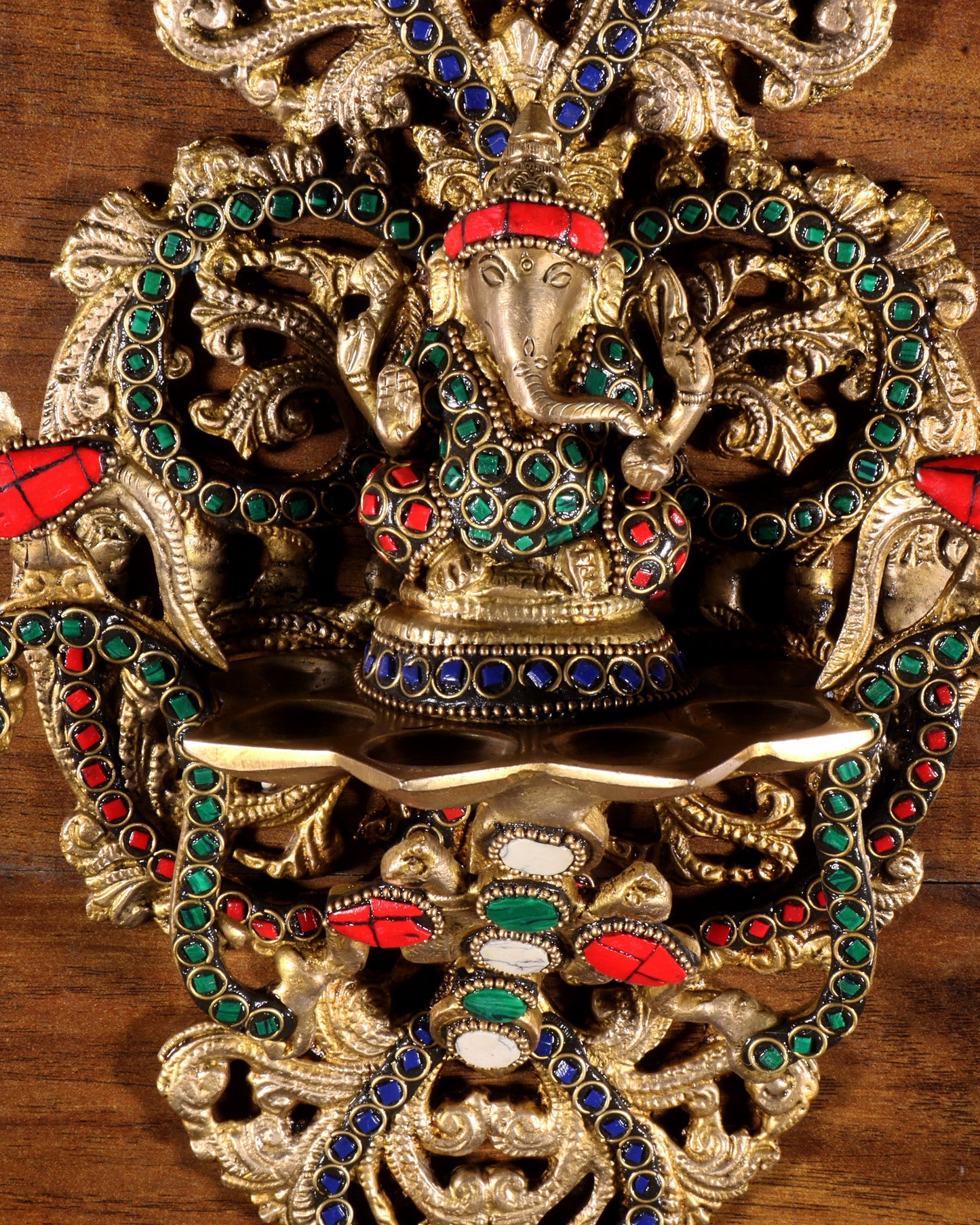 Pure Brass Wall Hanging Ganesha Diya with Stone Inlay – 13 Inches