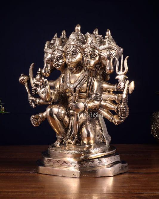 Brass Panchmukhi Hanuman Sculpture - 11" Glossy finish