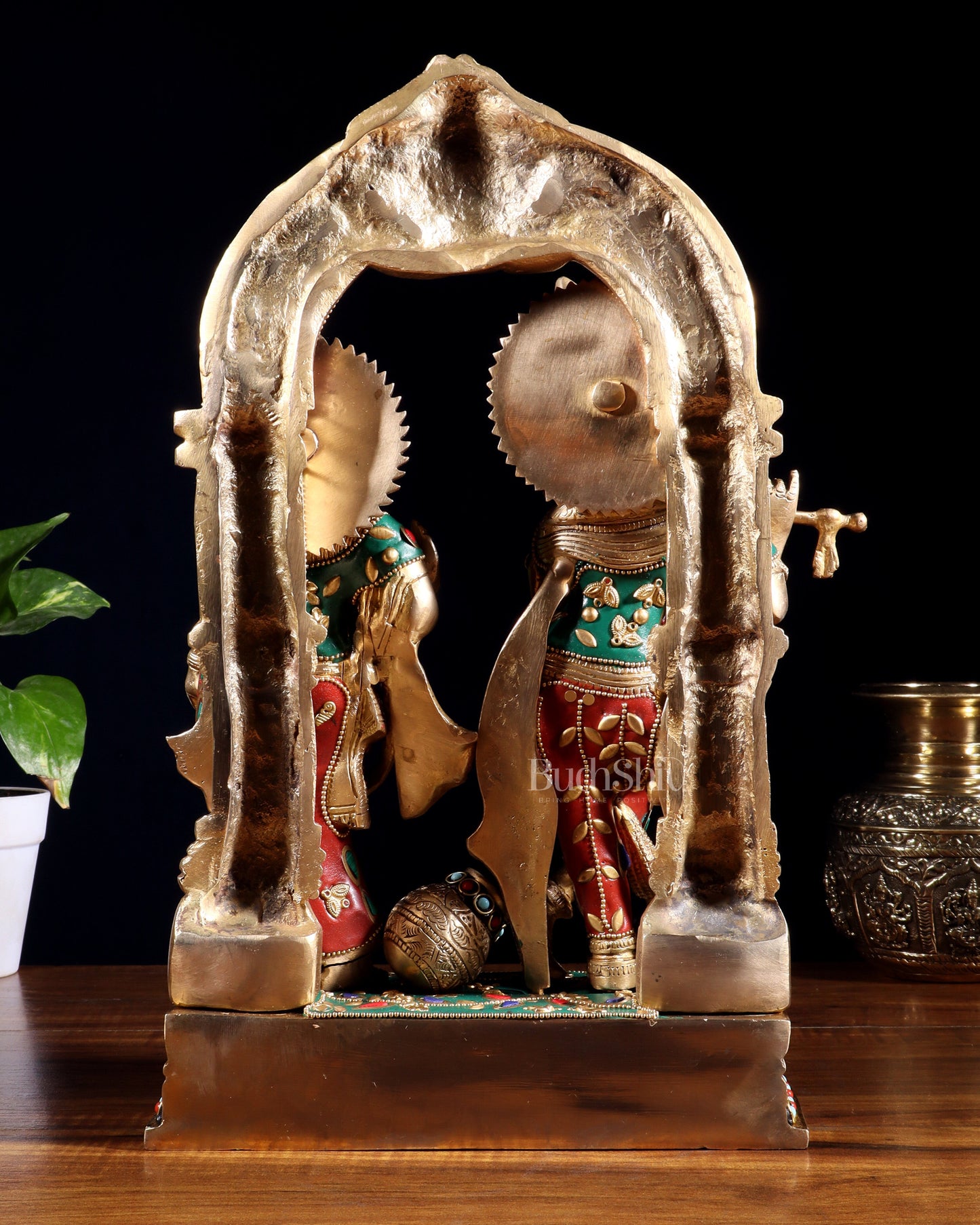 Handcrafted Brass Radha Krishna Idol - Ecstatic Posture 14 inch with stonework