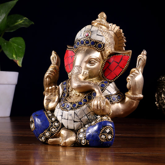 Ganesha Brass statue with stonework 6 inch