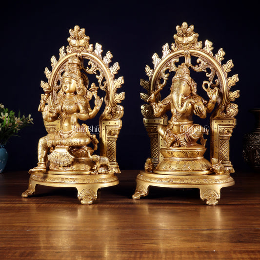 Pure Brass Lord Ganesha & Goddess Lakshmi Idol Pair with Prabhavali | 12 Inch