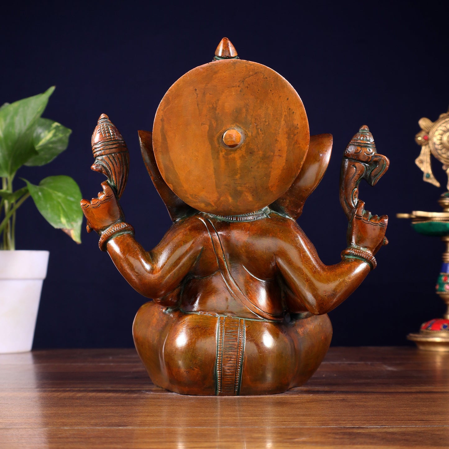 Brass Ganesha Idol with Sharp Features - 8 Inch Vintage brown
