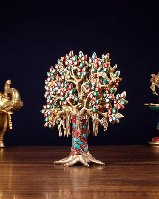 Pure Brass Handcrafted Kalpavriksha Tree - Table Standing 9" stonework